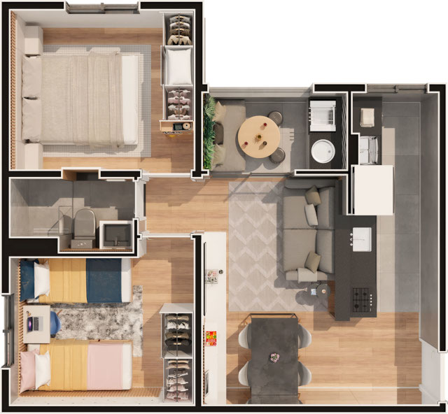 Apartamentos tipo com 2 quartos, suíte canadense e varanda gourmet, com 1 ou 2 vagas.